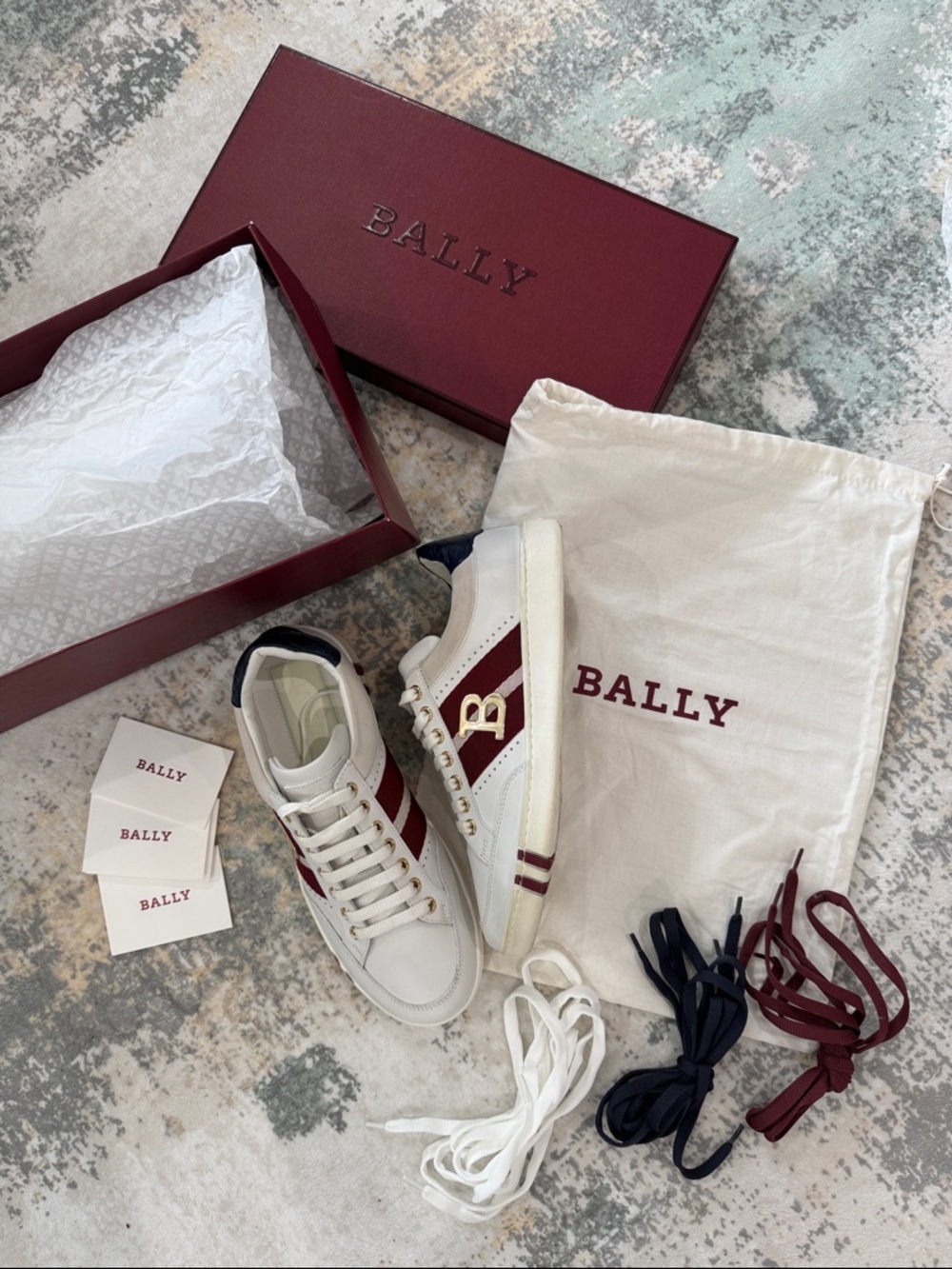 Bally White Leather Sneakers with Burgundy Stripes and Gold and Navy Accents